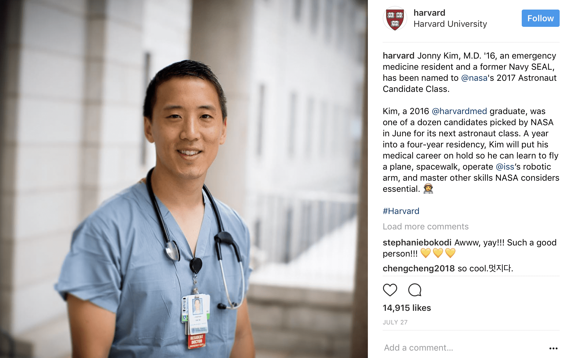 for example the following image gives a shout out to jonny kim an emergency medicine resident who has been named to nasa s 2017 a!   stronaut candidate class - medical instagram accounts to follow