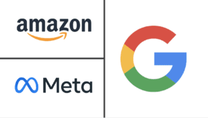 Logos for Amazon, Google, and Meta